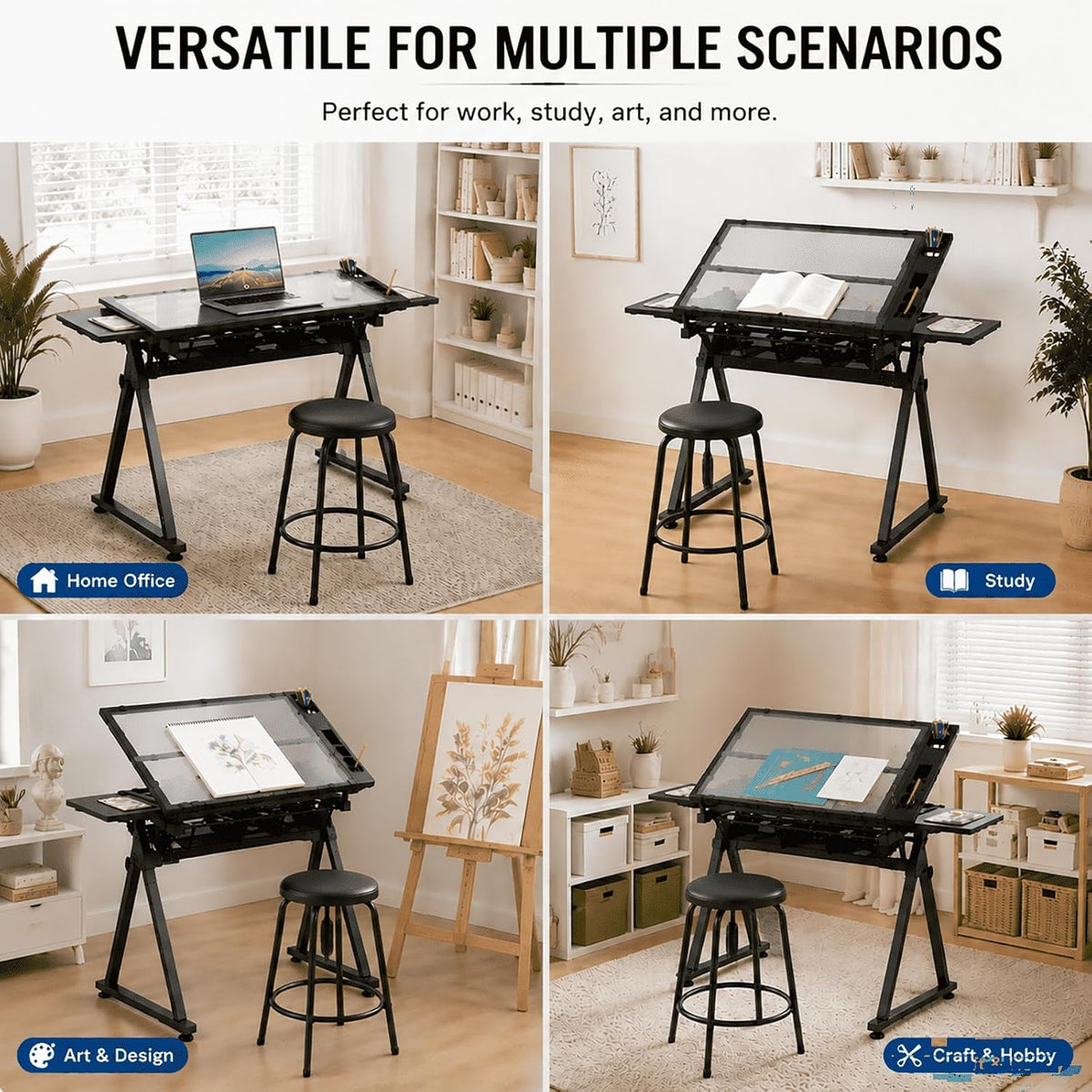 Adjustable Drafting Table with Chair, Tilting Tempered Glass Desk