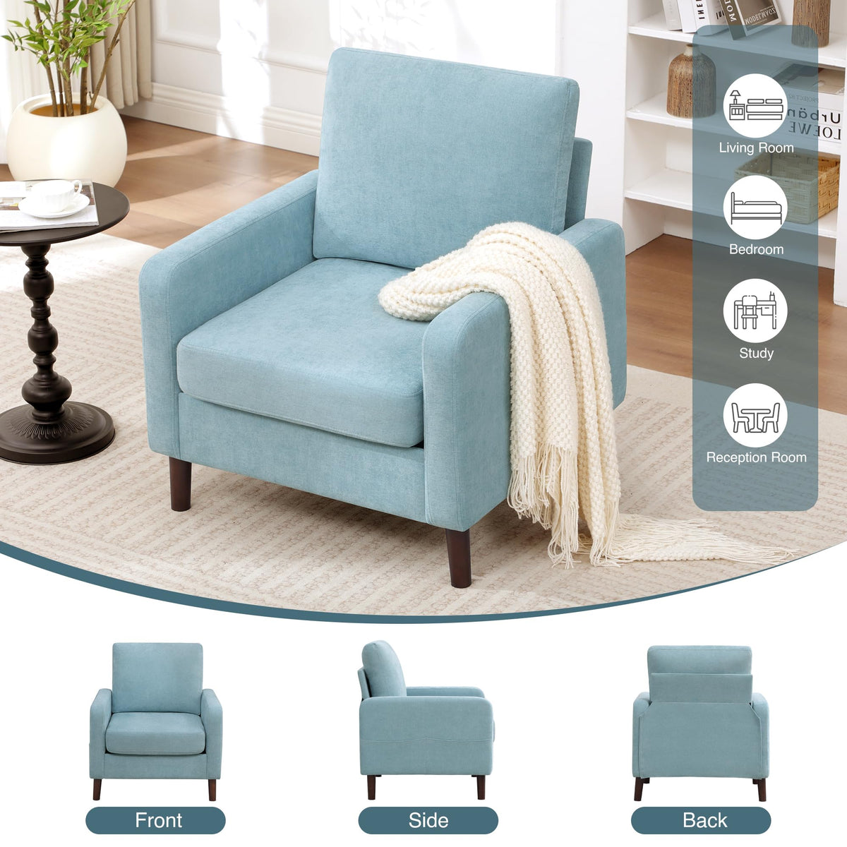 Accent Chair Set of 2, Upholstered Living Room Chairs with Wood Legs and Side Pockets, Modern Reading Chair for Bedroom, Armchair Single Sofa Side Chair for Office, Small Room, Dark Grey