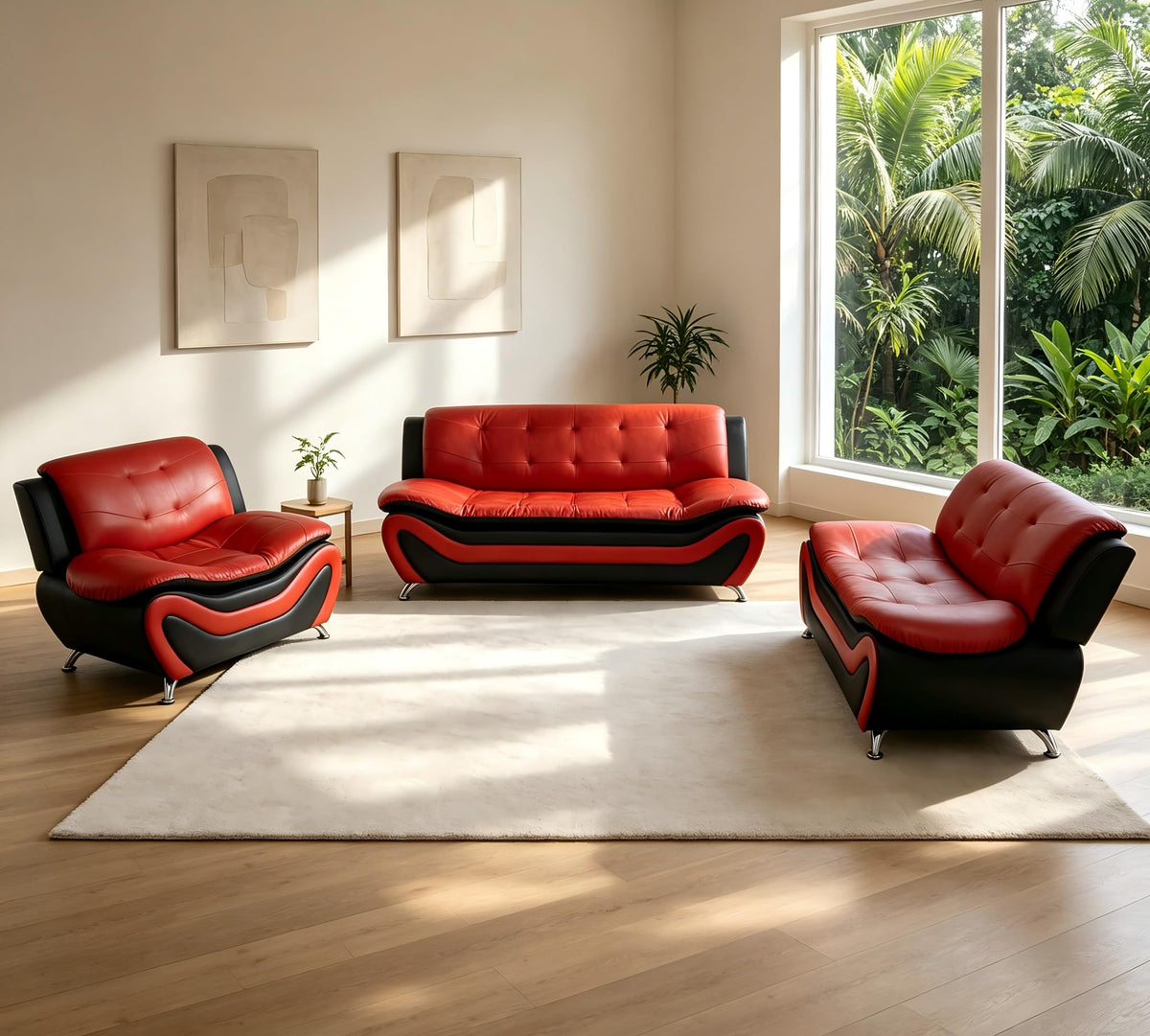 Creamy White Living Room Furniture Set, 2-Piece Modern Faux Leather Couches for Home, Living Room Sofa Sets, 3-Seater Sofa and Loveseat with Metal Feet, Couch Set for Bedroom, Hotel, Office