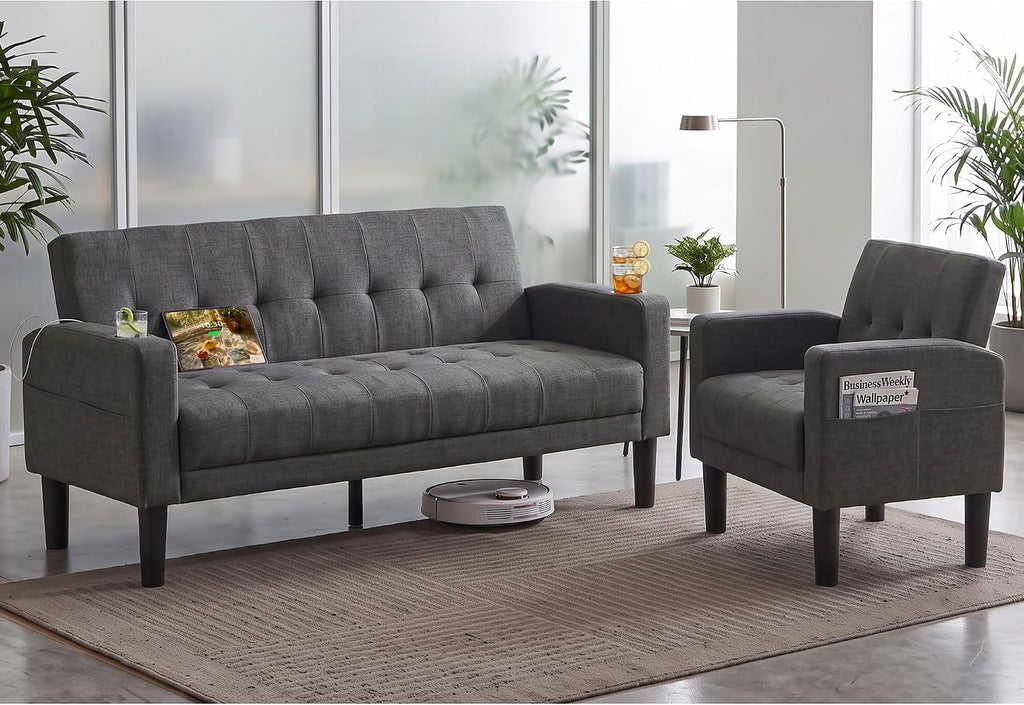 2 Piece Dark Grey Fabric Linen Mid Century Modern Living Room Sofa Set