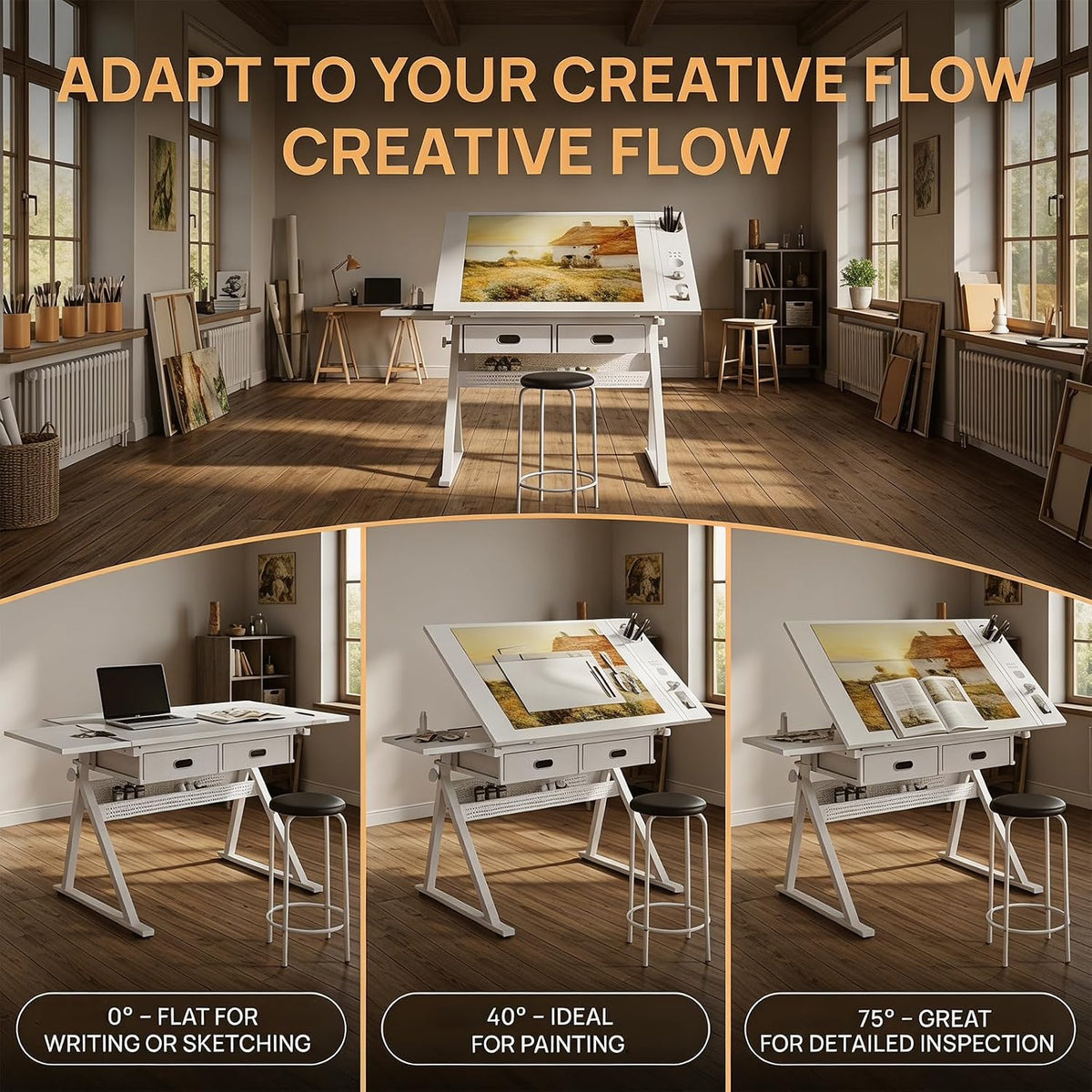 Height Adjustable Drafting Table Drawing Table Artist Desk Tilting Tabletop Art Craft Desk with 2 Storage Drawers and Stool, Art Craft Desk for Artist Painters Drawing Painting (All White)