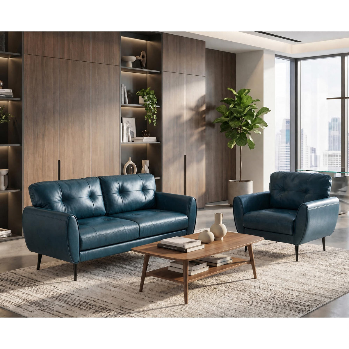 61'' Small Leather Loveseat and Chair, 3 Piece Living Room Sets, Black