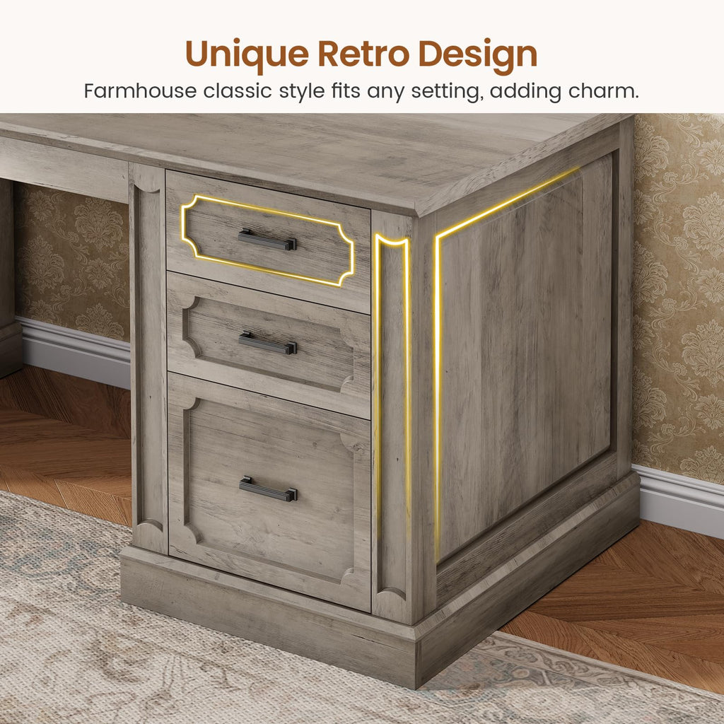 SEDETA Farmhouse 70.9" Executive Desk, Home Office Desk with File Drawers and Storage Cabinet, Computer Desk with Power Outlet for Home Office, Work Study Writing, Black+Brown