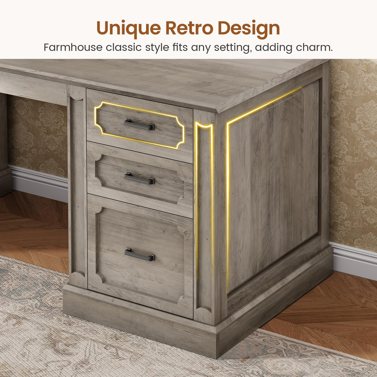 SEDETA Farmhouse 70.9" Executive Desk, Home Office Desk with File Drawers and Storage Cabinet, Computer Desk with Power Outlet for Home Office, Work Study Writing, Black+Brown