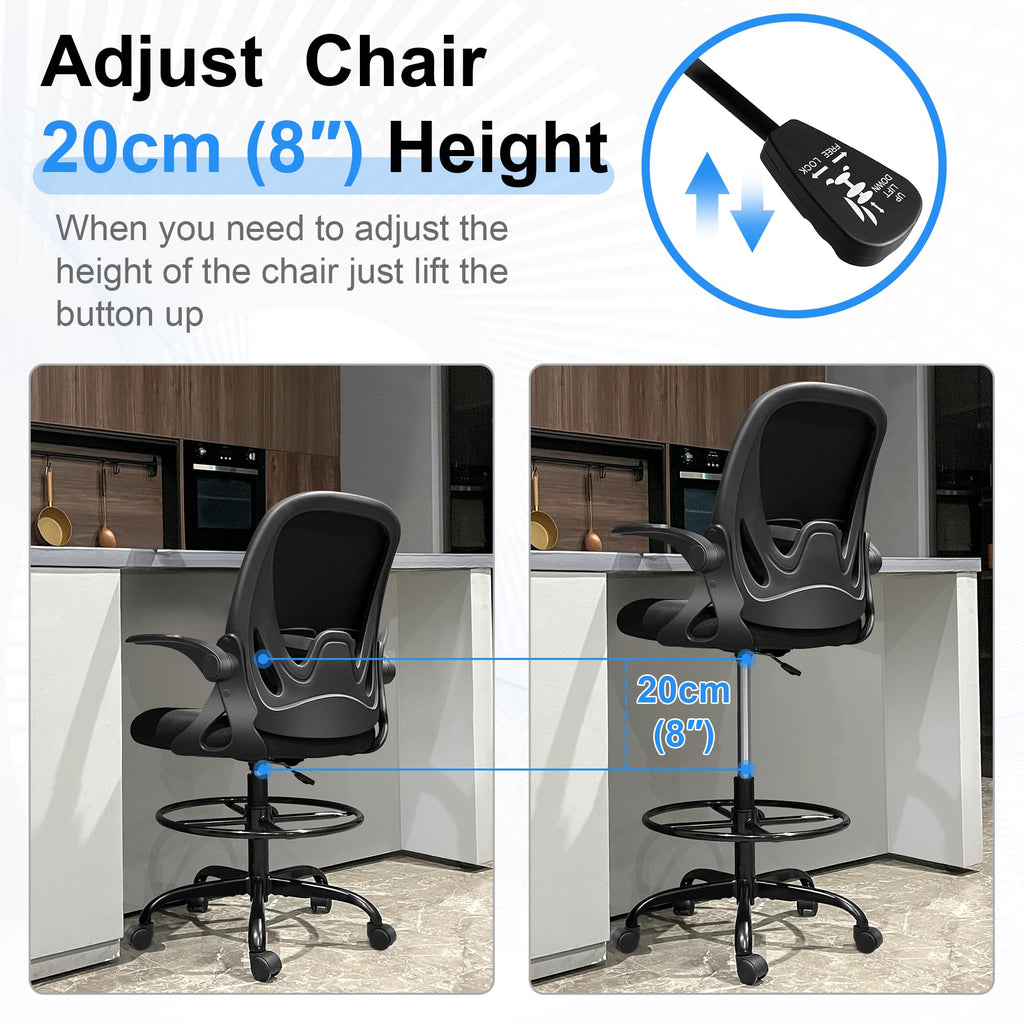 Drafting Chair Tall Office Chair with Flip-up Armrests, Adjustable Height, and Enhanced Lumbar Support - Ergonomic Rolling Stool, Back Support, and Adjustable Foot Rest Ring for Standing Desk White