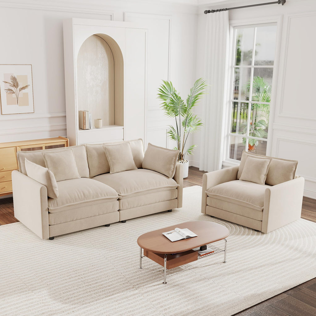 mikibama Luxury 2 Piece Loveseat Couch & Sofa Armchair Set, Modern Upholstered Chenille Cloud Couches Set Furniture with 5 Pillow for Living Room Bedroom Office Apartment, Evergreen