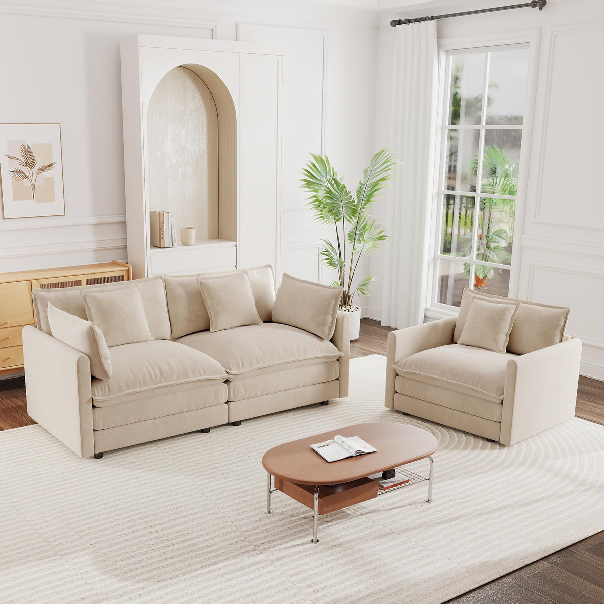 mikibama Luxury 2 Piece Loveseat Couch & Sofa Armchair Set, Modern Upholstered Chenille Cloud Couches Set Furniture with 5 Pillow for Living Room Bedroom Office Apartment, Evergreen