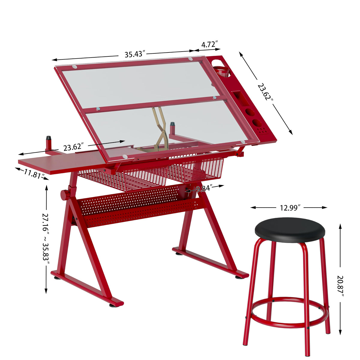 Black Drafting Table Desk w/Stool, Painting Table Art Craft Desk Crafting Table with Tilting Tempered Glass Top, 2 Storage Drawers, Height Adjustable
