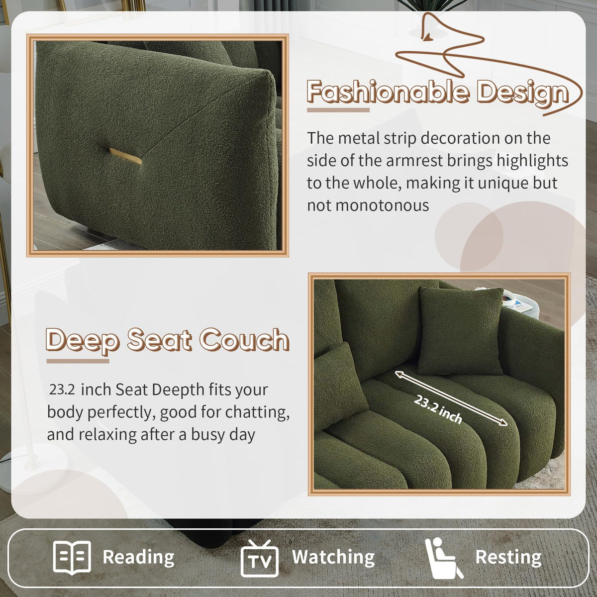 Antetek Teddy Fabric Sofa Set for Living Room, 2 Pieces Modern Deep Seat Oversized 3-Seater Cloud Boucle Couch for Bedroom, Office, Apartment, Furniture Set, 78-inch, Black (2 Pieces)