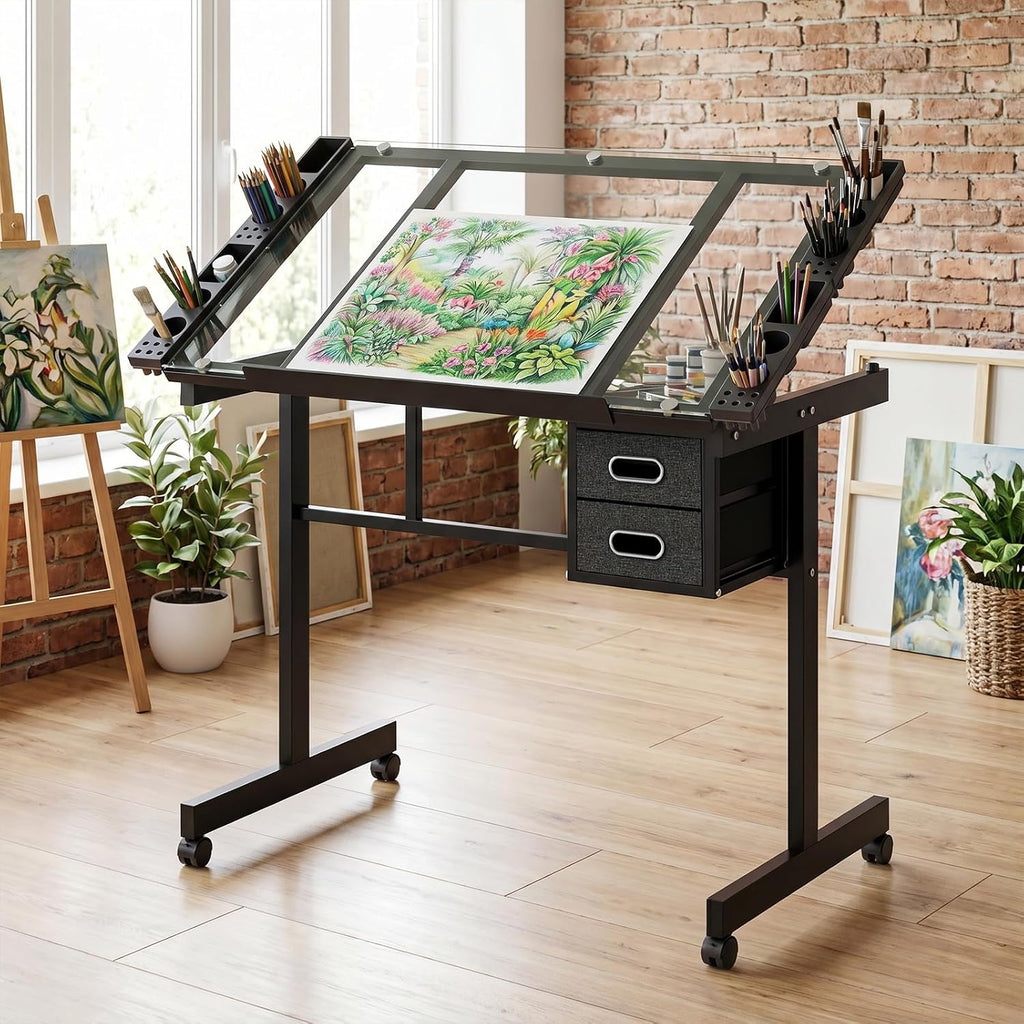 XEW Adjustable Drafting Table Desk Without Stool â Multi-Functional Art Desk for Adults, Drawing & Painting Table, Artist Desk & Drafting Table, Art Table, Tempered Glass Black C