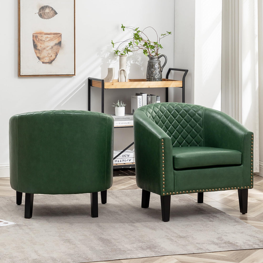 KINWELL 29" W Faux Leather Tufted PU Barrel Club Chairs Set of 2, Black