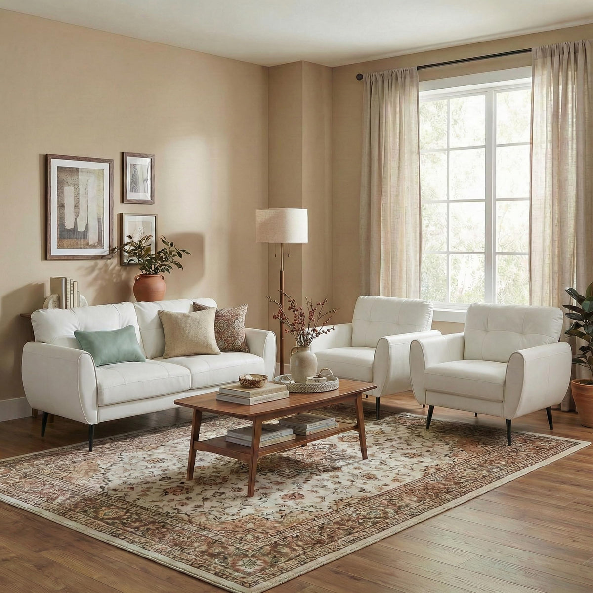 TYBOATLE 2 Piece Furniture Sets, Small Loveseat for Living Room, White Faux Leather Couch Mid Century Modern Tufted Mini Sofa Comfy Office 2 Seat Love Seat for Small Spaces Bedroom