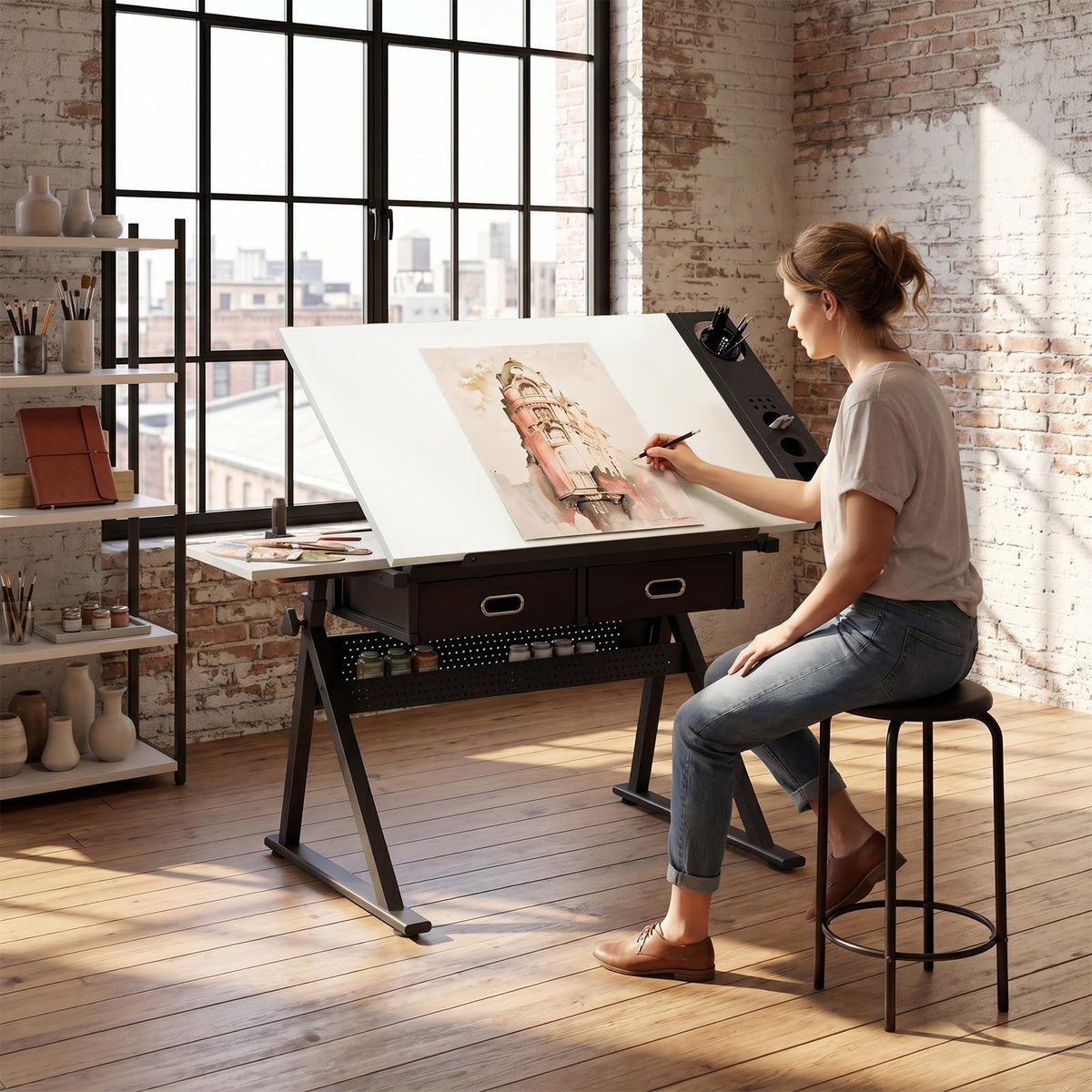 Drafting Table with Stool Height Adjustable Art Craft Desk with Storage, Tilting MDF Tabletop, Expansion Board, Drawing Table for Home Office, Artists, Painters (Rustic Brown)