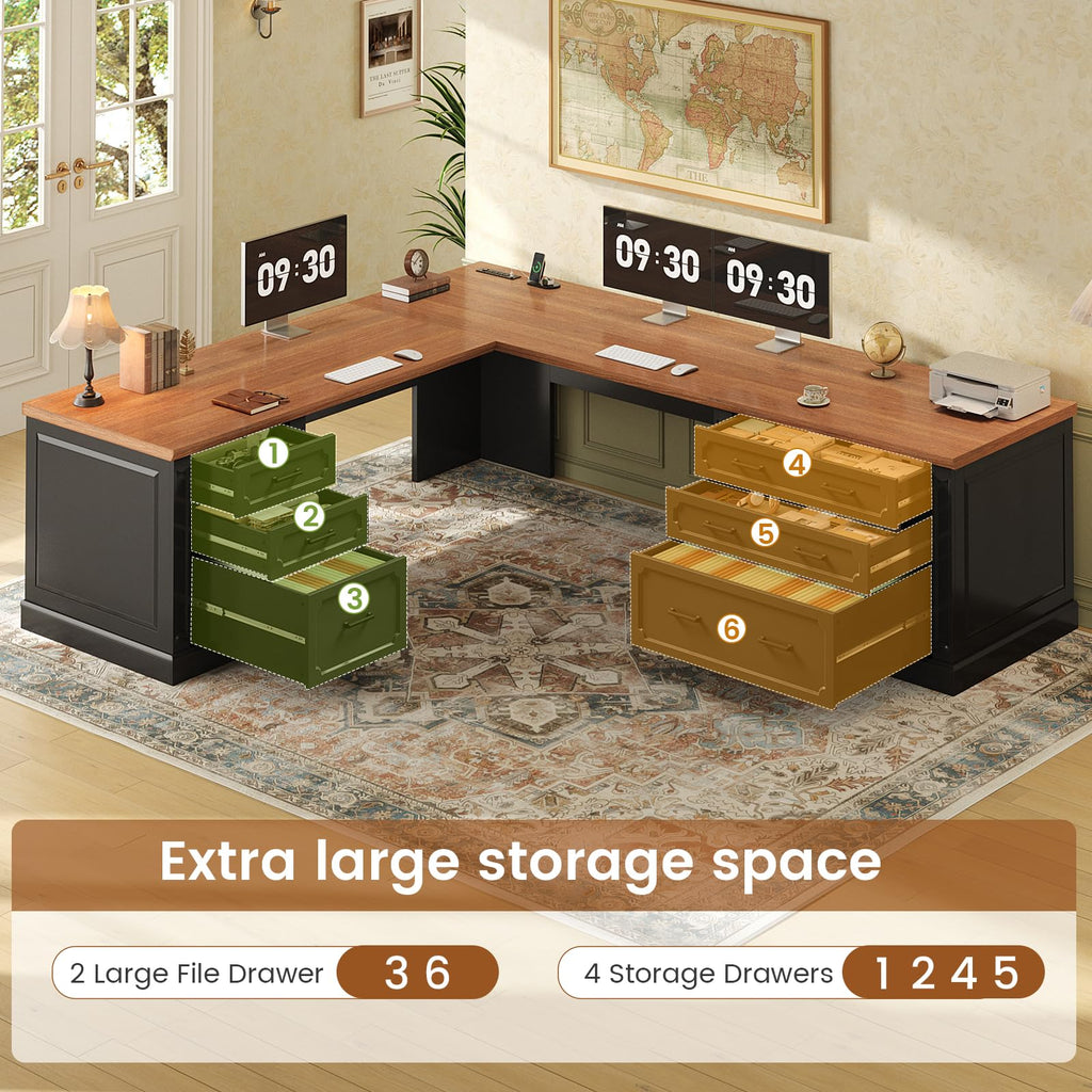 SEDETA Farmhouse 70.9" Executive Desk, Home Office Desk with File Drawers and Storage Cabinet, Computer Desk with Power Outlet for Home Office, Work Study Writing, Black+Brown
