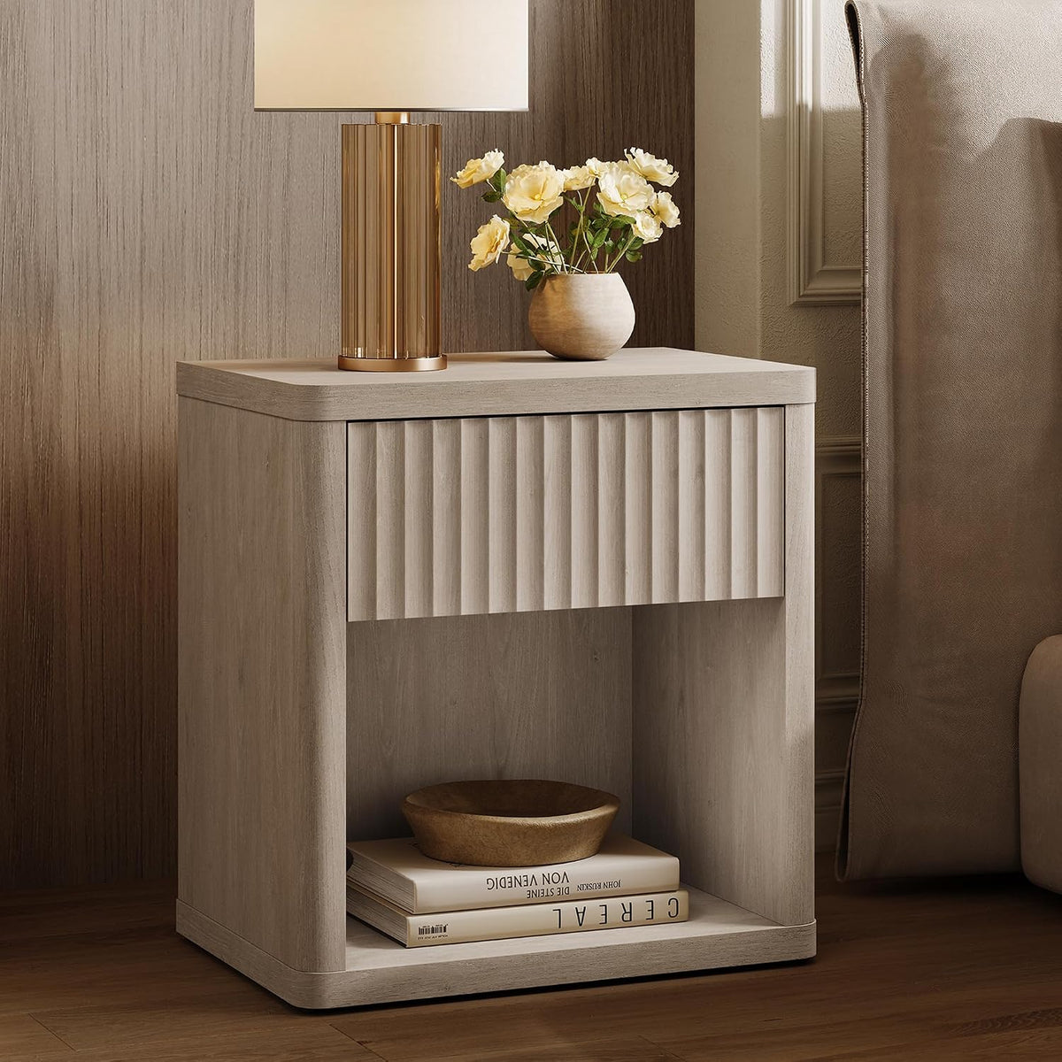 SICOTAS Night Stand Set of 2 Nightstands with Drawer Storage Fluted Bed Side Table End Table Large Modern Wide Bedside Stand Mid Century Night Stands for Bedroom Living Room Sofa Office, White Alder