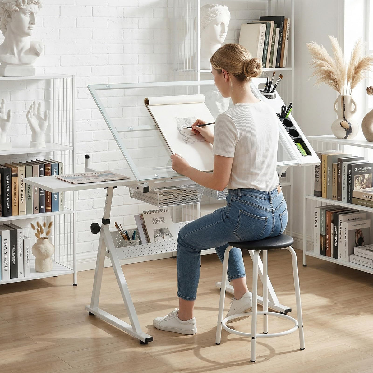 Drafting Table and Stool Set for Adults/Artists, Drawing Table with Adjustable Tabletop and Height, Art Workstation for Painters Crafting Reading Writing Home Office, All White