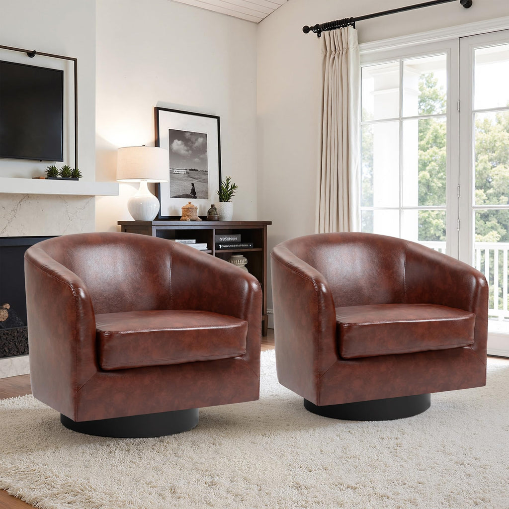 Faux Leather Swivel Accent Chairs Set of 2, Barrel Armchair, Brown