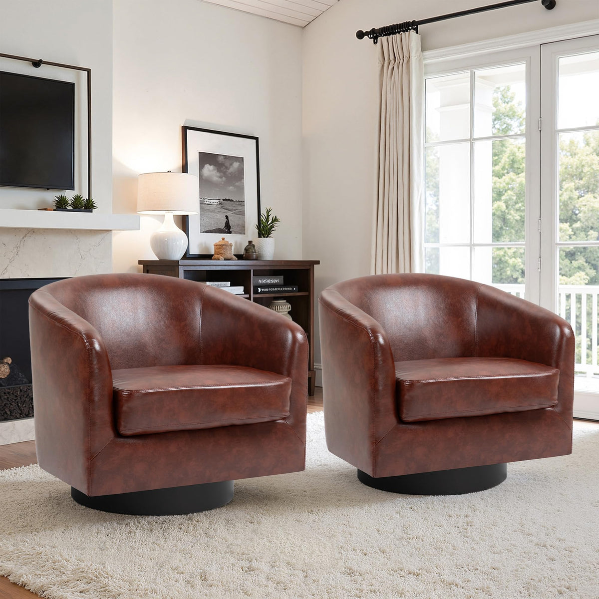 Faux Leather Swivel Accent Chairs Set of 2, Barrel Armchair, Brown