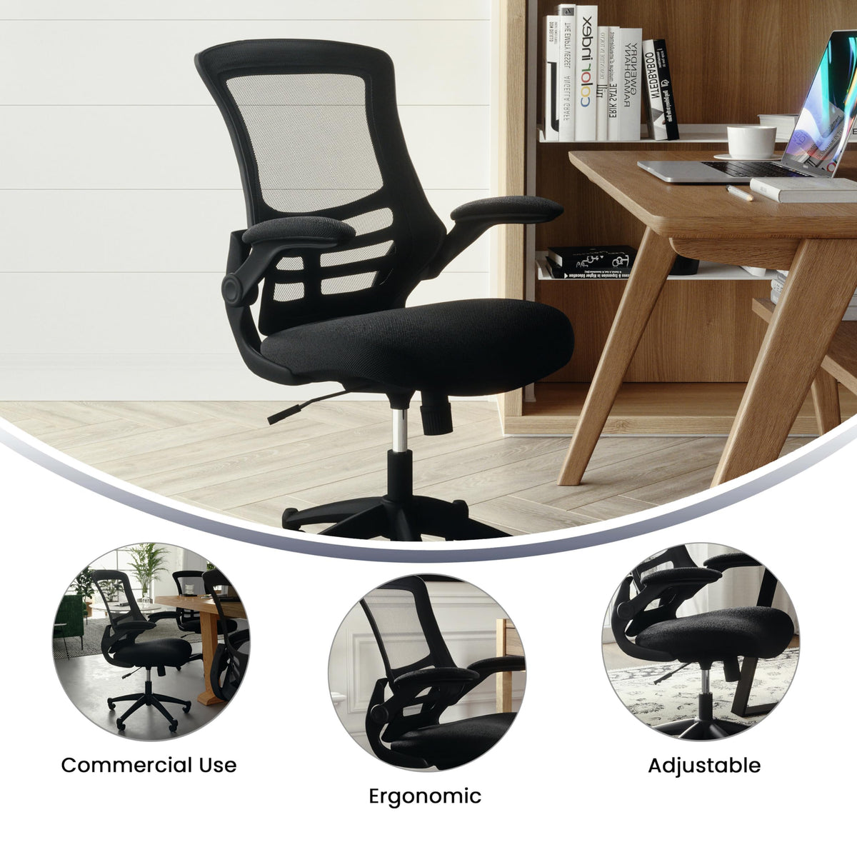 Flash Furniture Set of 4 Mid-Back Swivel Ergonomic Task Office Chairs with Flip-Up Arms, Black Mesh