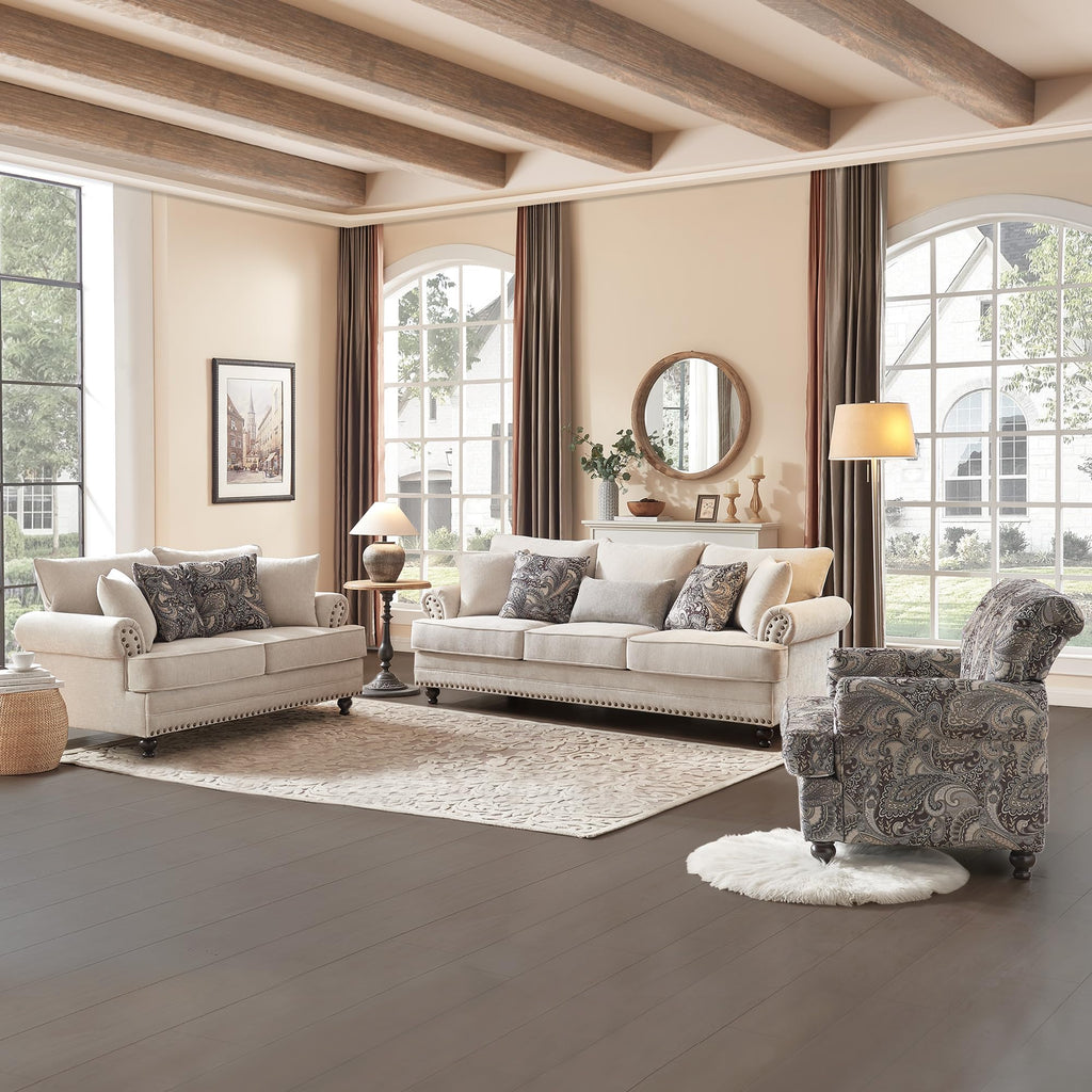 Modern Farmhouse Loveseat Sofa, Chenille Upholstery with Nailhead Trim, Small Couch for Living Room, Bedroom, Office, or Apartment, Includes 4 Accent Pillows