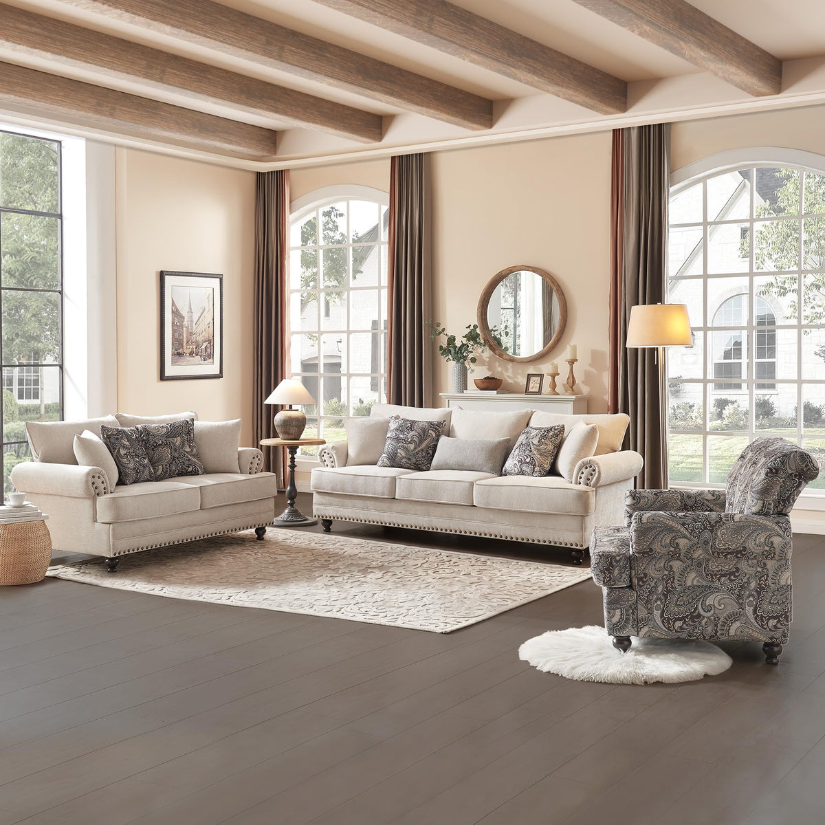 Modern Farmhouse Loveseat Sofa, Chenille Upholstery with Nailhead Trim, Small Couch for Living Room, Bedroom, Office, or Apartment, Includes 4 Accent Pillows