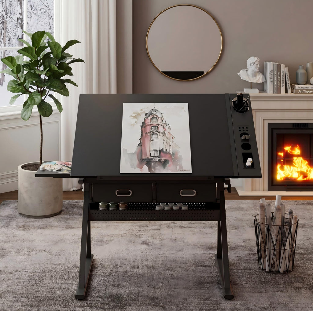 Adjustable Drawing Table with 3 Drawers & Stool, for Art & Work