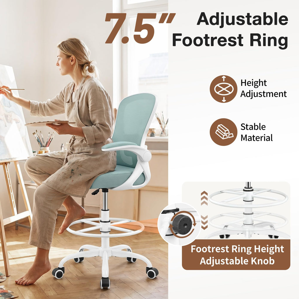 Drafting Chair, Tall Office Chair for Standing Desk with Flip-Up Armrests, Adjustable Foot Ring & Lumbar Support, Breathable Mesh High Desk Stool for Studio & Drafting Table, Black