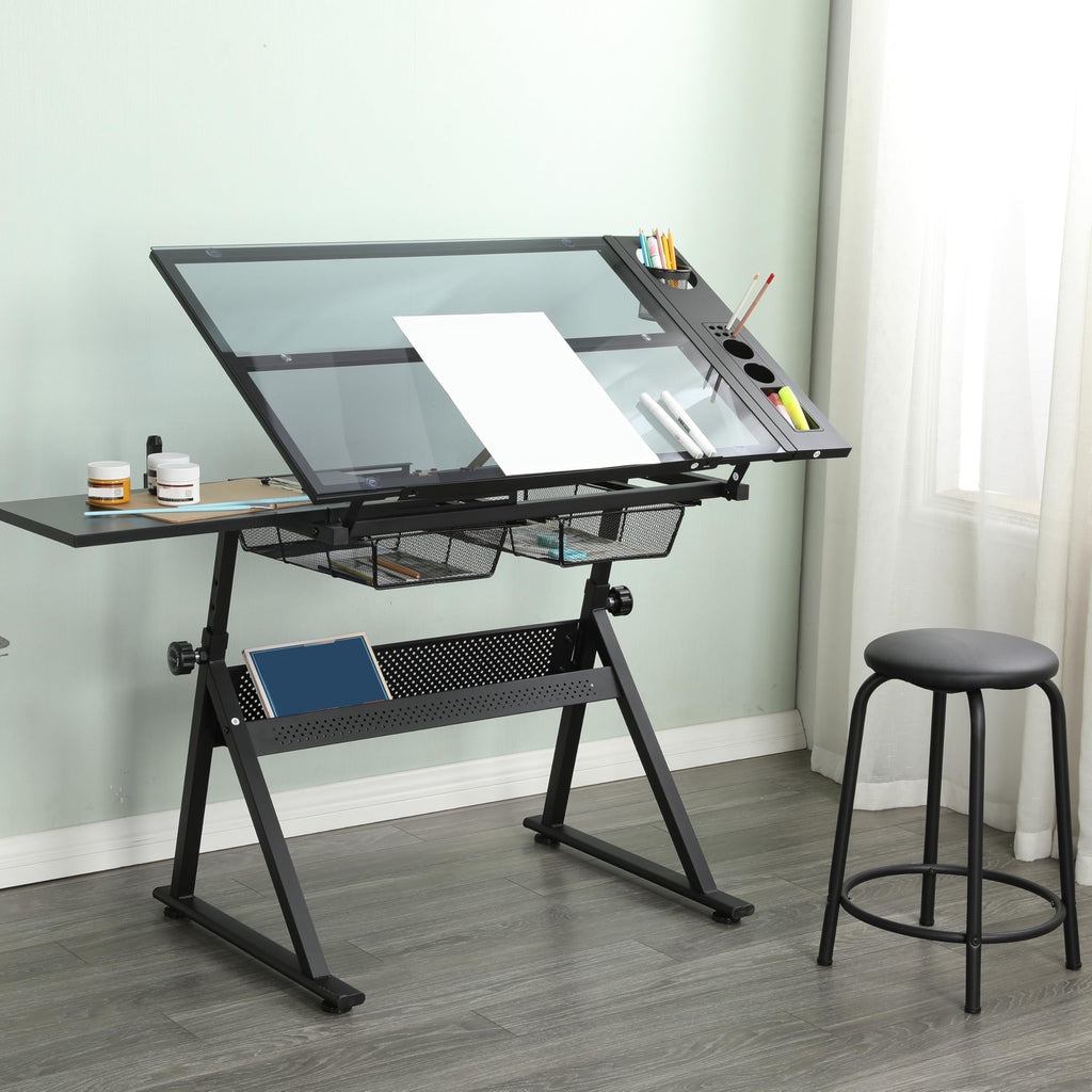 Adjustable Drafting Table with Stool, 0-75Â° Tilting Art Desk, White