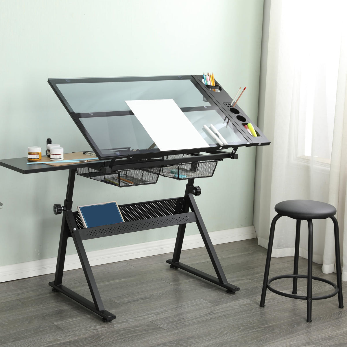Adjustable Drafting Table with Stool, 0-75Â° Tilting Art Desk, White