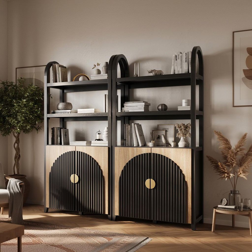 BELLEZE Book Shelf 72" Tall Arched Bookcase with Storage, 5 Tier Mid Century Modern Fluted Bookshelf with Doors, Modular Bookshelves for Living Room Office Library, Set of 2 (Caramel Brown)