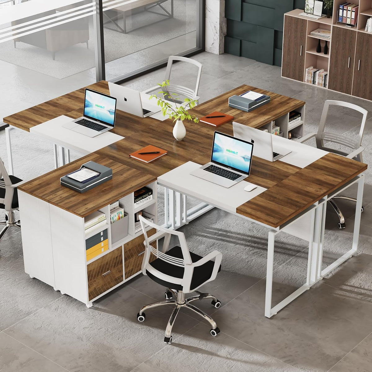 Tribesigns L-Shaped Executive Desk with Reversible File Cabinet, 63" Office Desk with Storage Drawers, Computer Desk Set (Oak Karo & White)