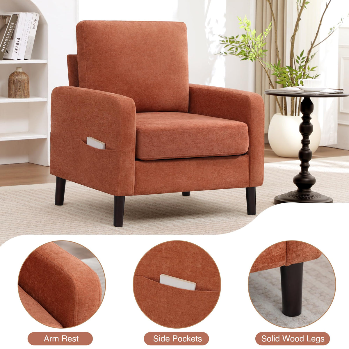 Accent Chair Set of 2, Upholstered Living Room Chairs with Wood Legs and Side Pockets, Modern Reading Chair for Bedroom, Armchair Single Sofa Side Chair for Office, Small Room, Dark Grey