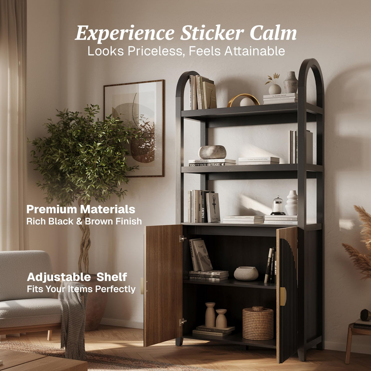 BELLEZE Book Shelf 72" Tall Arched Bookcase with Storage, 5 Tier Mid Century Modern Fluted Bookshelf with Doors, Modular Bookshelves for Living Room Office Library, Set of 2 (Caramel Brown)
