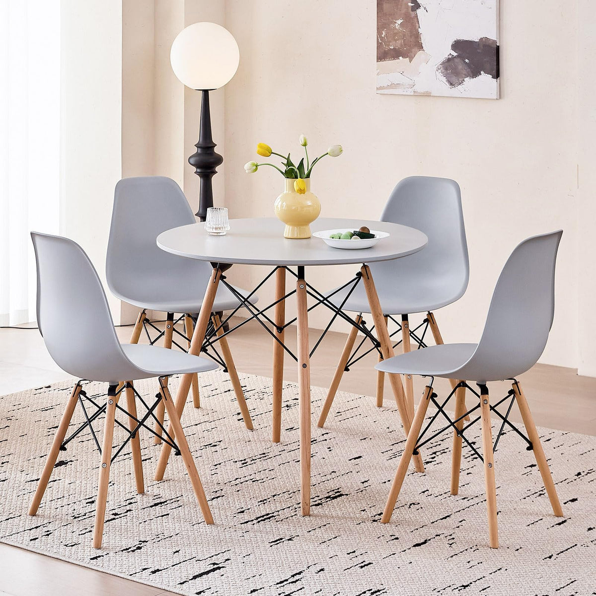 5-Piece Round Dining Set, 35.5" Black Table & Light Gray Chair