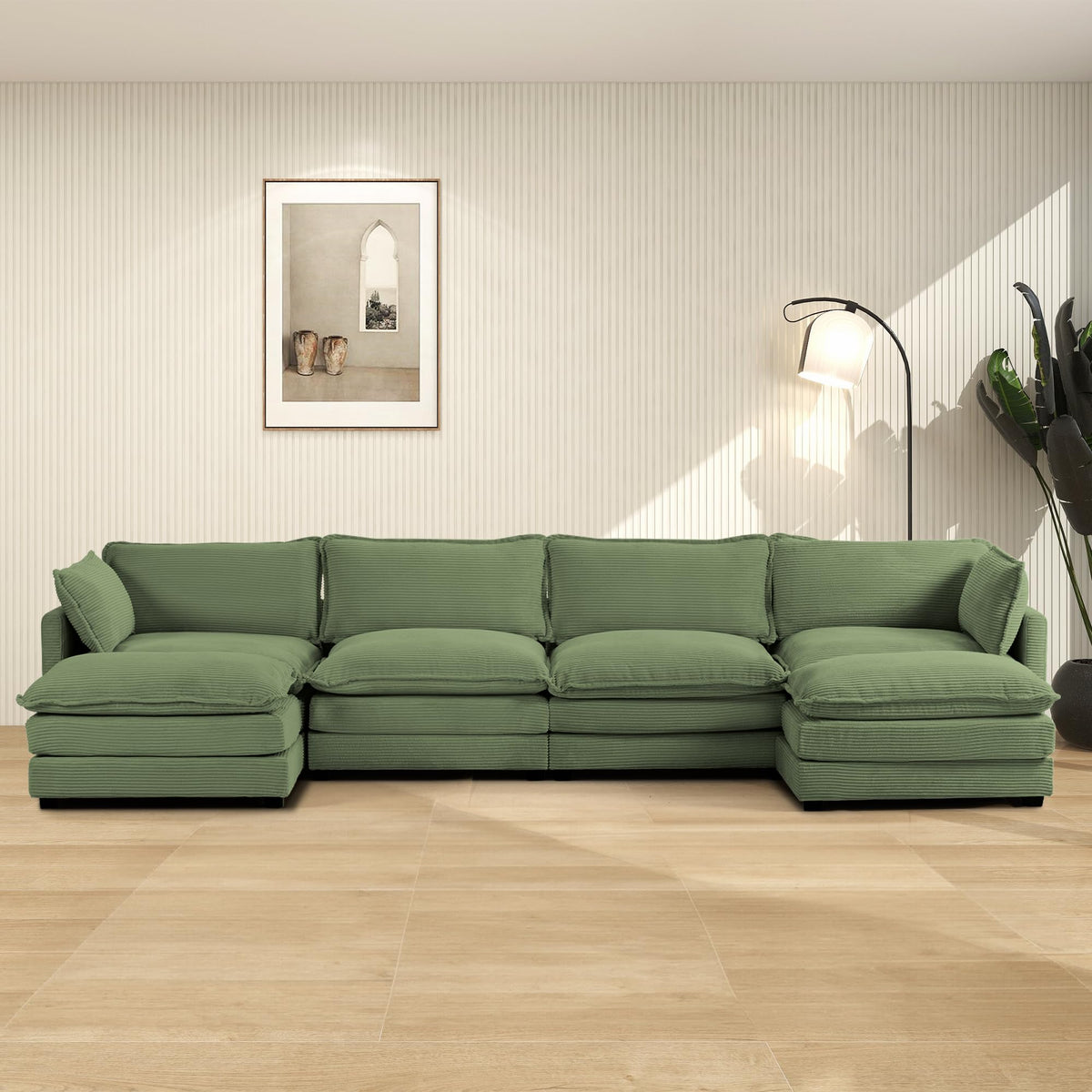 ROWHY 41'' Single Armchair with Ottoman, Modern Corduroy Cloud Couch with Convertible Chaise, Upholstered Sofa Set for Living Room, Green