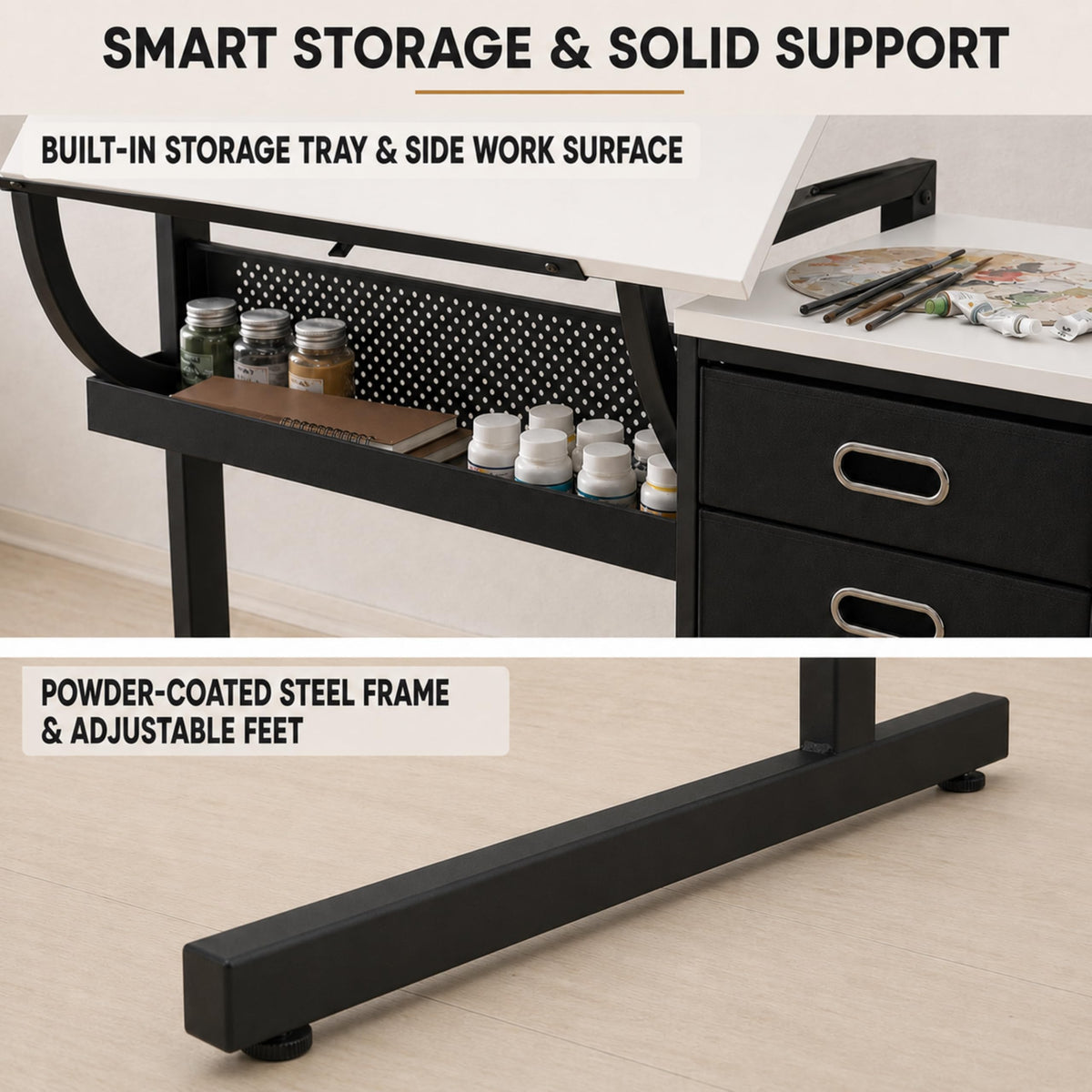 Adjustable Drawing Table with 3 Drawers and Stool, Black