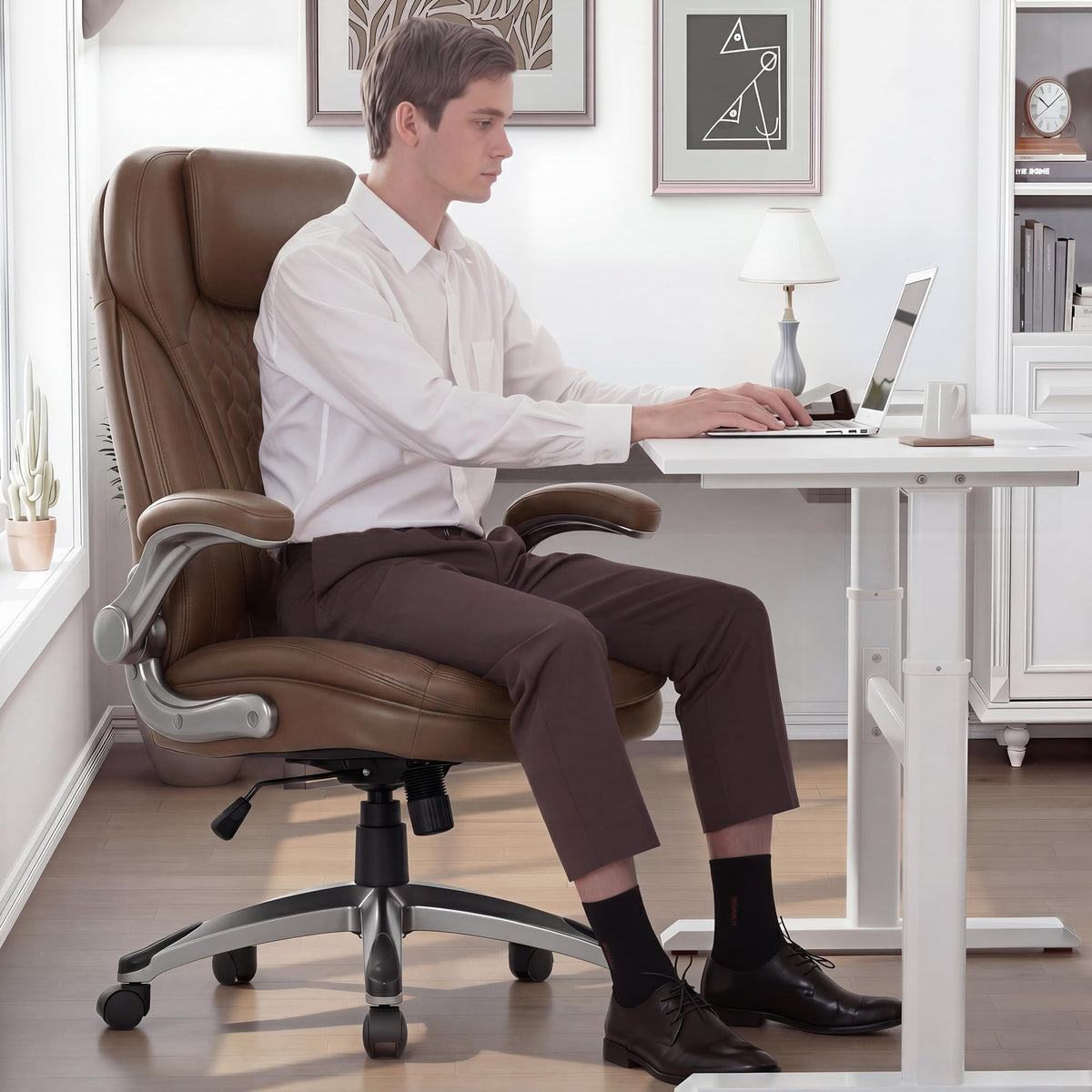 COLAMY High Back Executive Office Chairs, Ergonomic PU Leather Desk Chairs with Flip-Up Armrests, Adjustable Height, Lumbar Support, Comfortable Computer Chairs for Home Office, Set of 2