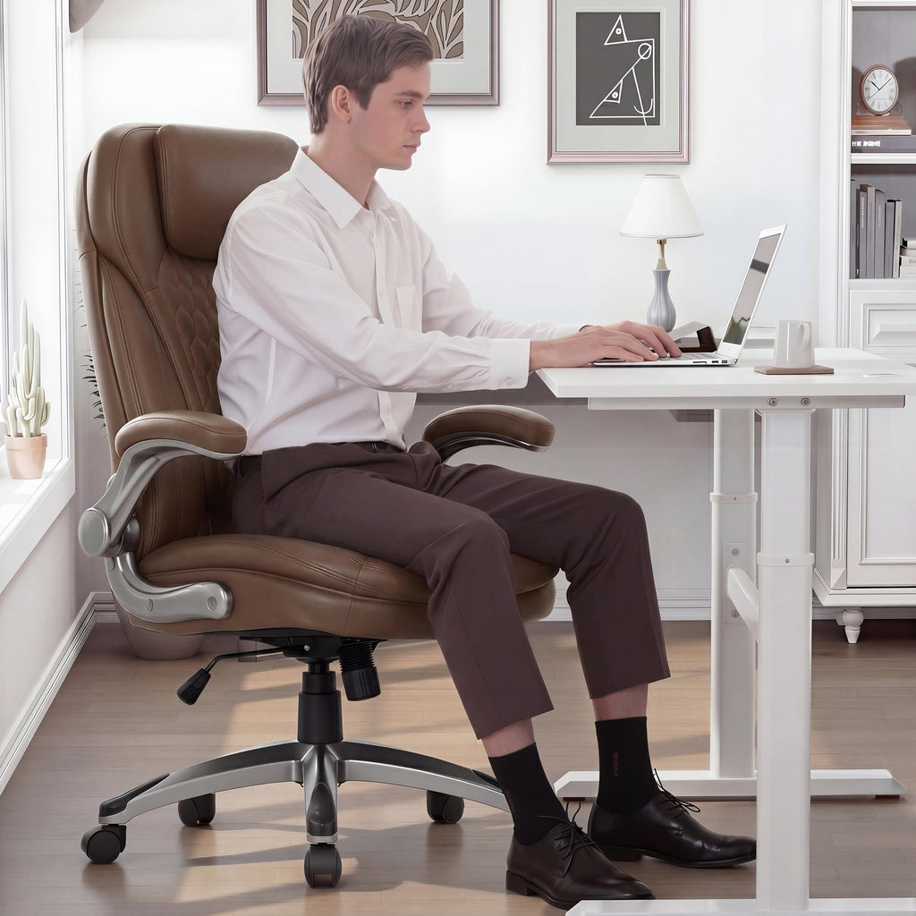 COLAMY High Back Executive Office Chairs, Ergonomic PU Leather Desk Chairs with Flip-Up Armrests, Adjustable Height, Lumbar Support, Comfortable Computer Chairs for Home Office, Set of 2