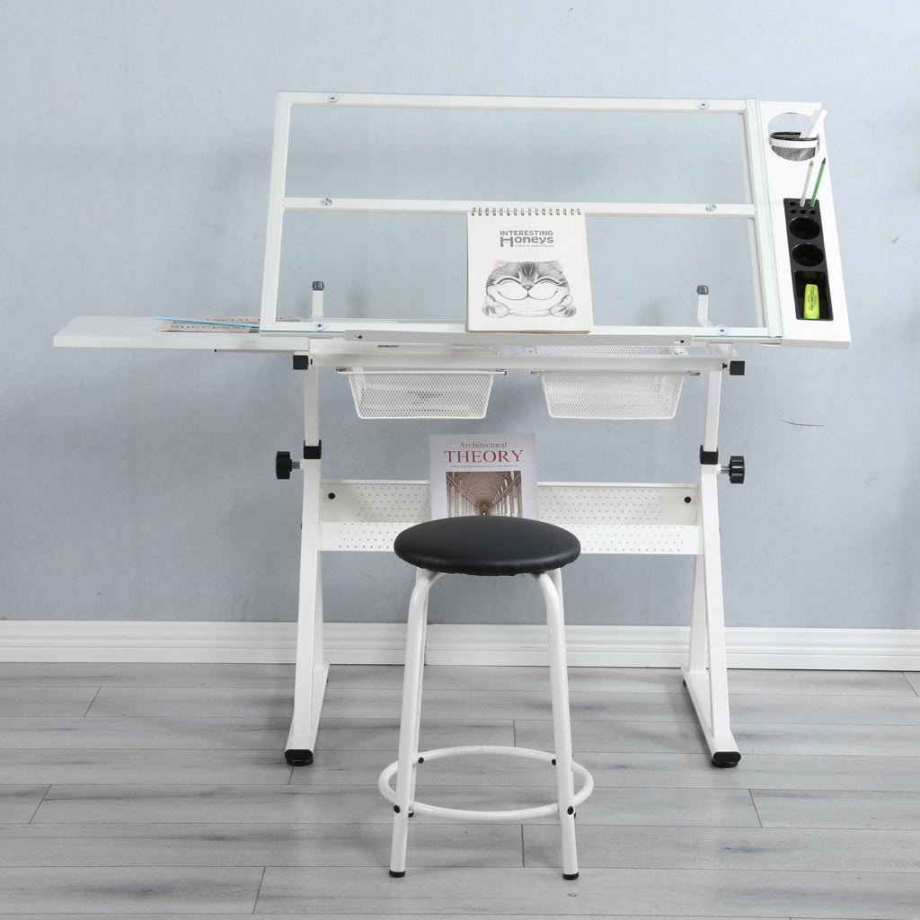 Drafting Table with Stool and Storage, Adjustable Drawing Desk with Metal Drawers, Extended Craft Table Diamond Painting Work Station, Tilting Art Desk for Home Office, Crafting & Painting, Black