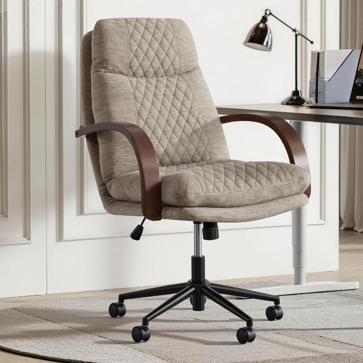 KISLOT Home Office Desk Chair, Ergonomic Office Chair with Lumbar Support, Adjustable Swivel Computer Chair with Wheels, Faux Leather Executive Task Chair with Wood Arms, Set of 2, Brown