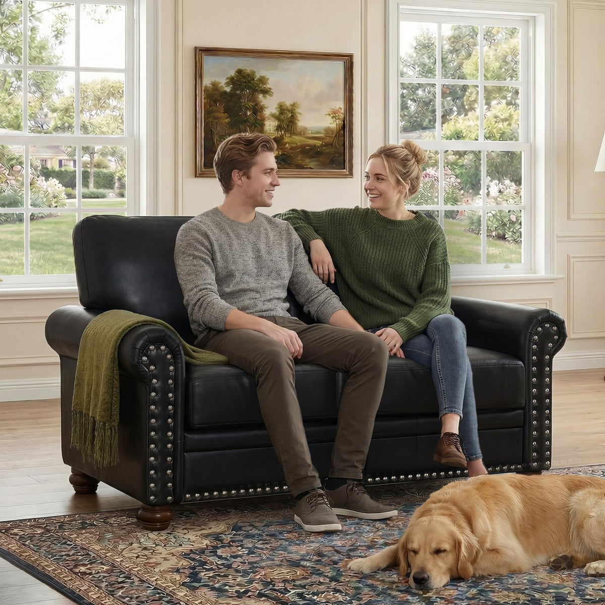 2 Piece Couch Sets for Living Room,Mid Century Modern Couch with Storage Nailhead Trim & Rolled Armrests,Deep Seat Comfy Couch,Furniture Set for Living Room,Bedroom,Office(Navy Blue,Loveseat+3 Seater)