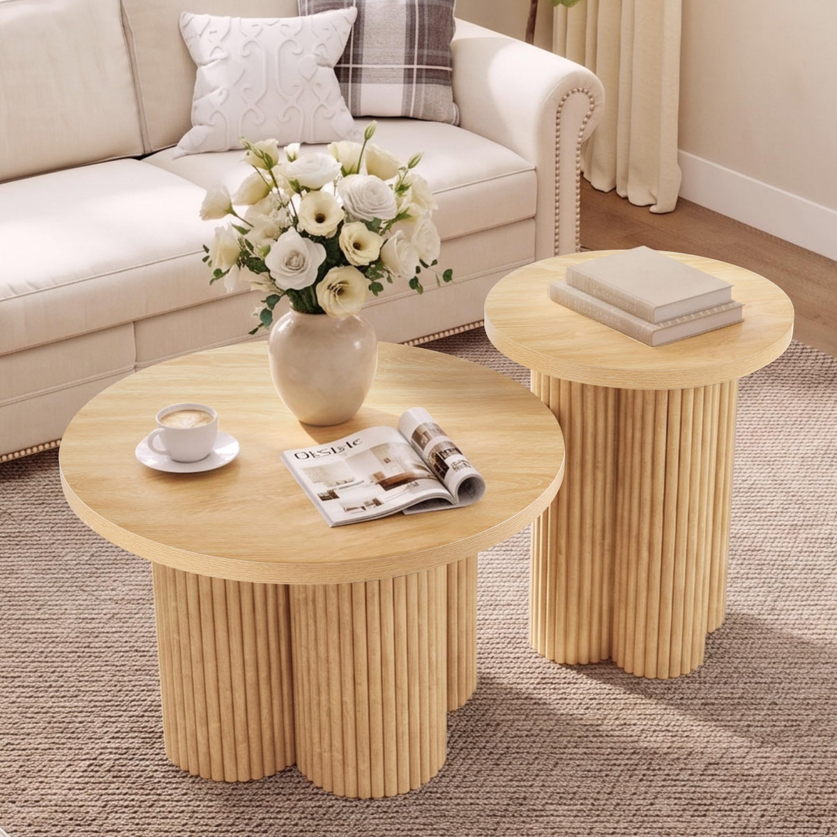 Round Nesting Coffee Table Set of 3 Fluted Coffee Table (Natural)