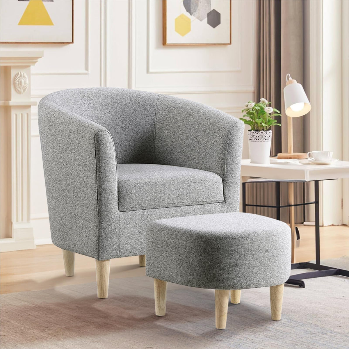 DAZONE Accent Chair with Ottoman, Modern Comfy Armchair Upholstered Barrel Club Chair and Footrest Set, Fabric Tub Arm Chairs for Living Room Bedroom Small Spaces Apartment Office, Set of 2, Gray