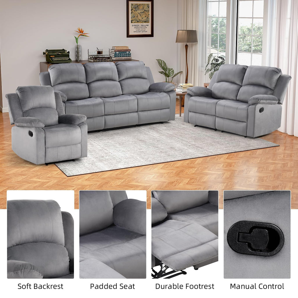 EBELLO Manual Faux Leather Reclining Couch Set for Living Room, Include 1 Recliner Chair, 1 Loveseat Sofa, Recliner Sofa Furniture Set for Home and Office, Black