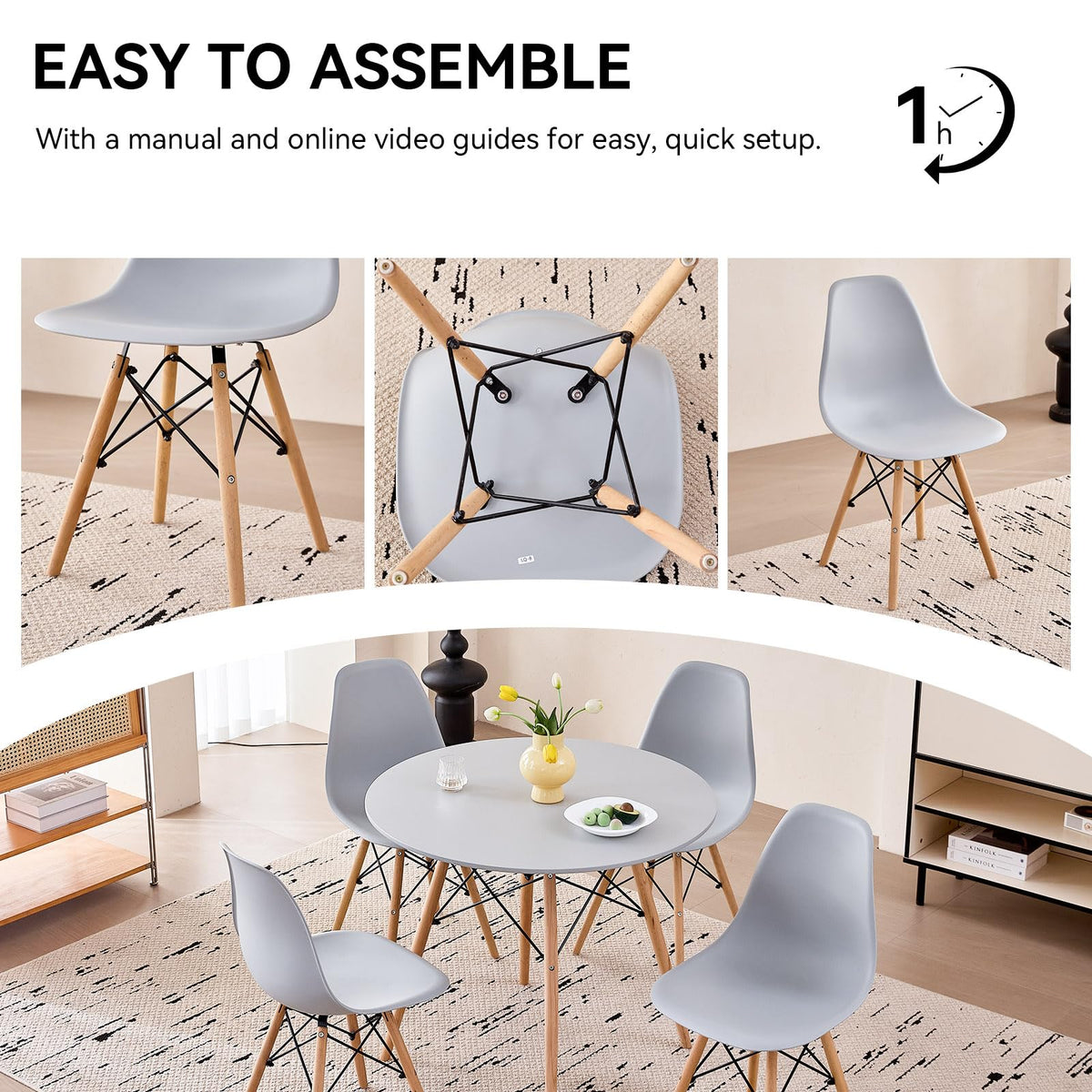5-Piece Round Dining Set, 35.5" Black Table & Light Gray Chair