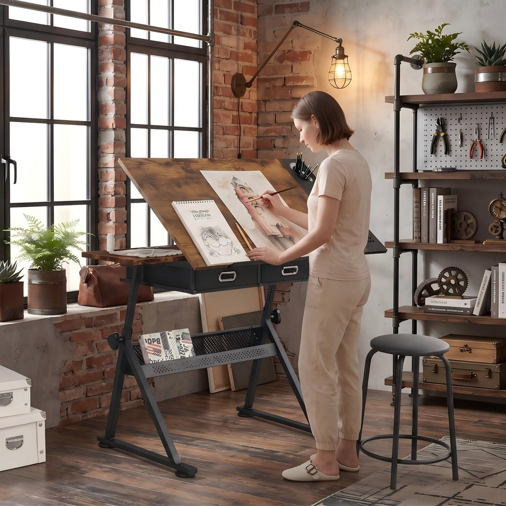 Adjustable Drawing Table with 3 Drawers & Stool, for Art & Work