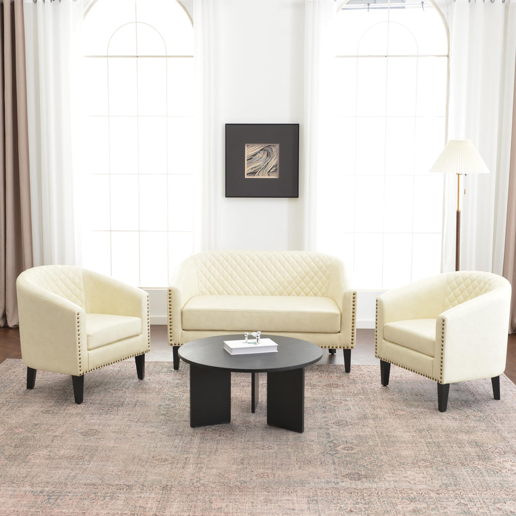 KINWELL 29" W Faux Leather Tufted PU Barrel Club Chairs Set of 2, Black