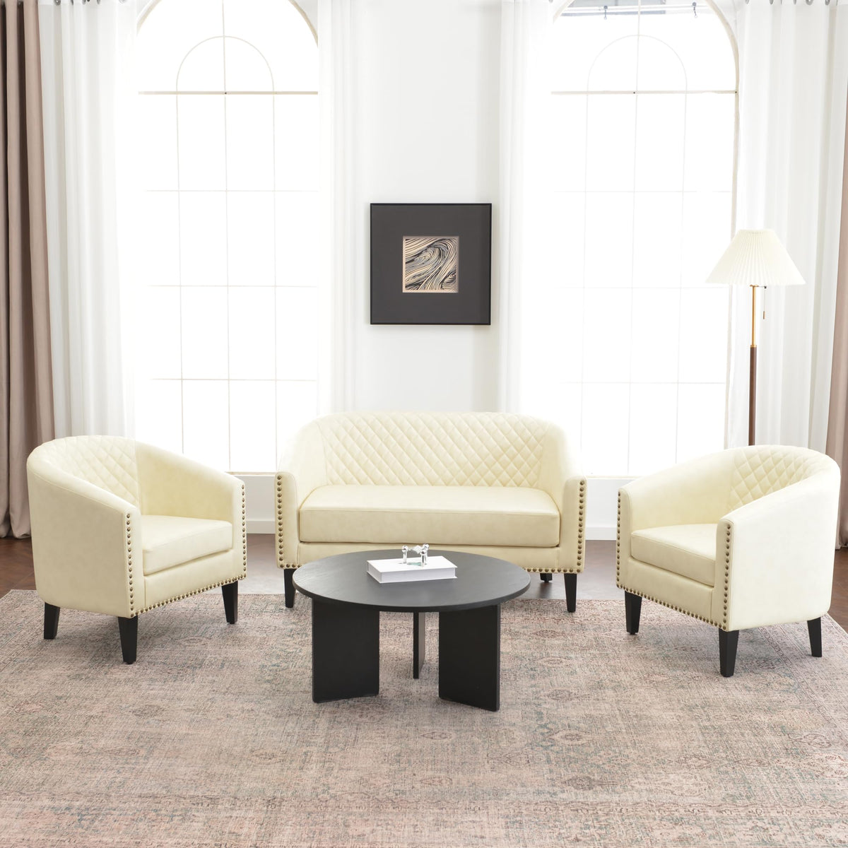 KINWELL 29" W Faux Leather Tufted PU Barrel Club Chairs Set of 2, Black