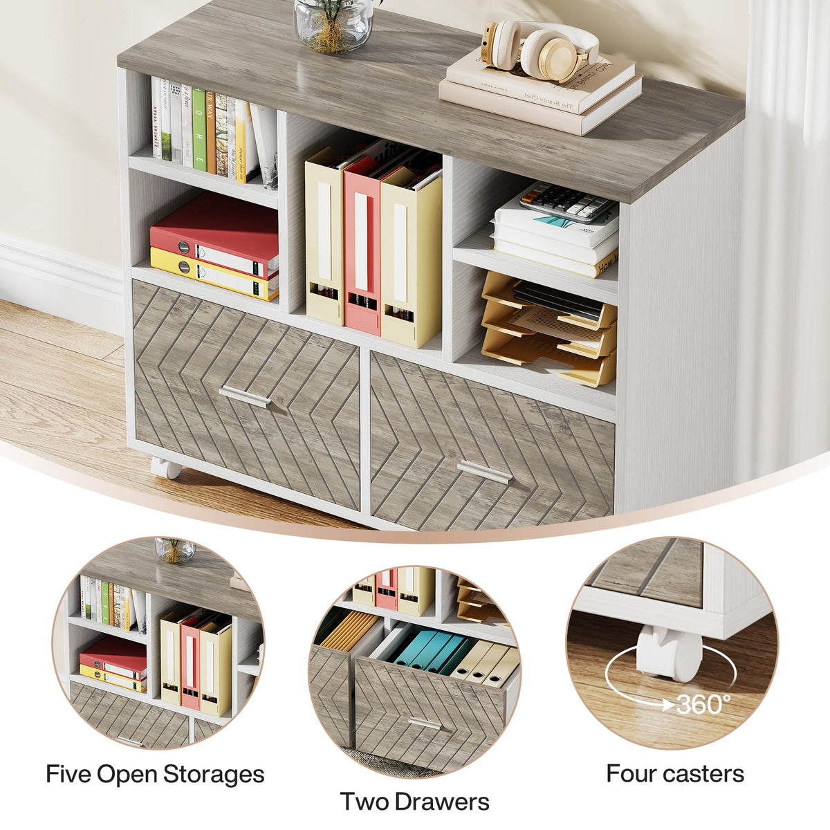 Tribesigns L-Shaped Executive Desk with Reversible File Cabinet, 63" Office Desk with Storage Drawers, Computer Desk Set (Oak Karo & White)