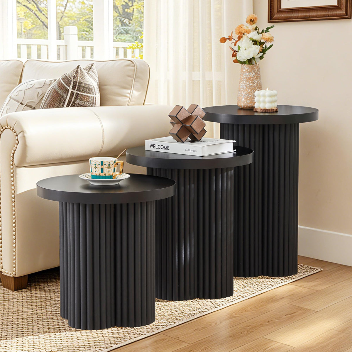 Round Nesting Coffee Table Set of 3 Fluted Coffee Table (Natural)